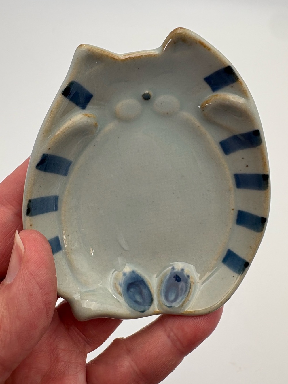 Handmade Pottery Cat Trinket Dish in Gray and Blue
